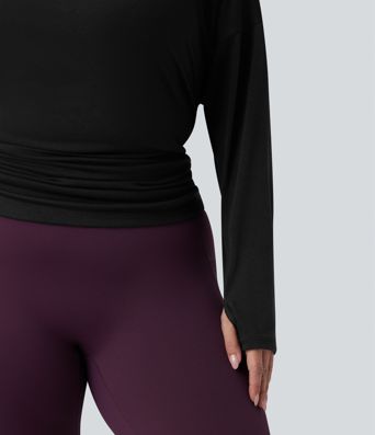 Plus Size One Shoulder Long Sleeve Thumb Hole Ruched Yoga Sports Top