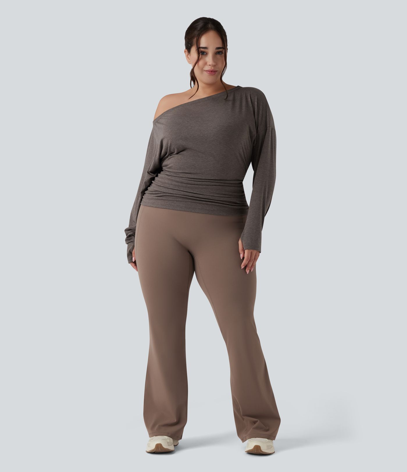 Plus Size One Shoulder Long Sleeve Thumb Hole Ruched Yoga Sports Top