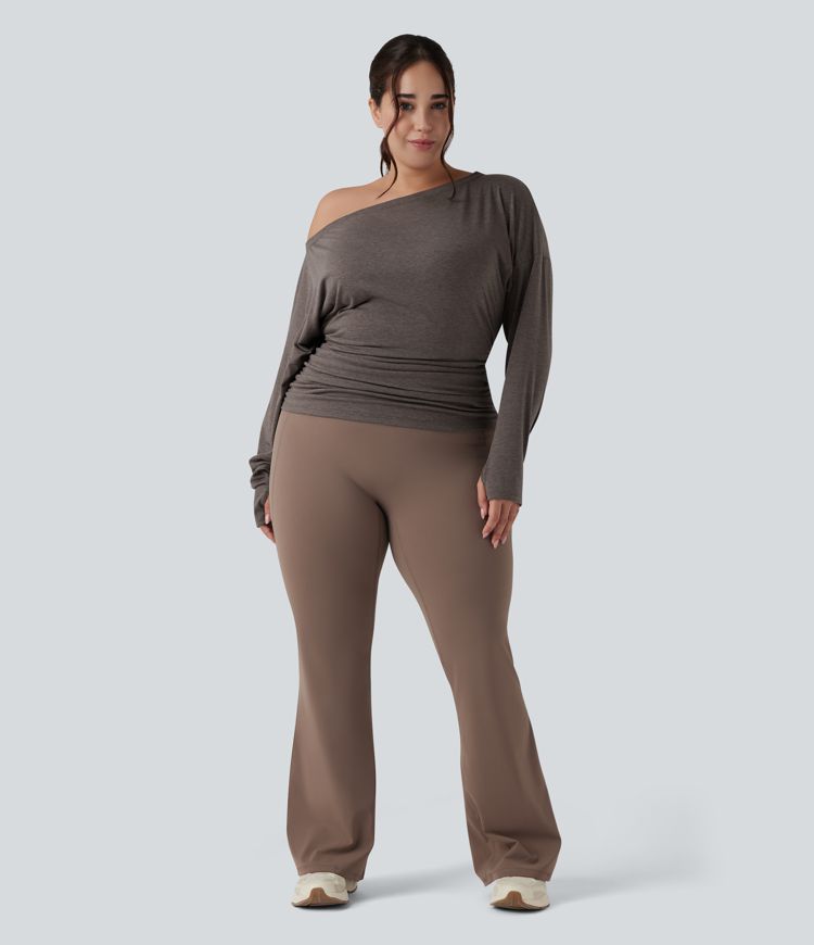 Plus Size One Shoulder Long Sleeve Thumb Hole Ruched Yoga Sports Top