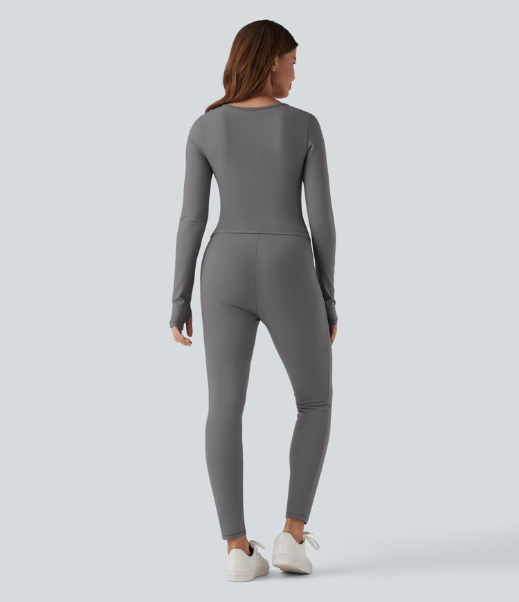 Halara HeatCore V-neck Long Sleeve Thumb Holes Skinny Casual Warming Jumpsuit-Easy Peezy