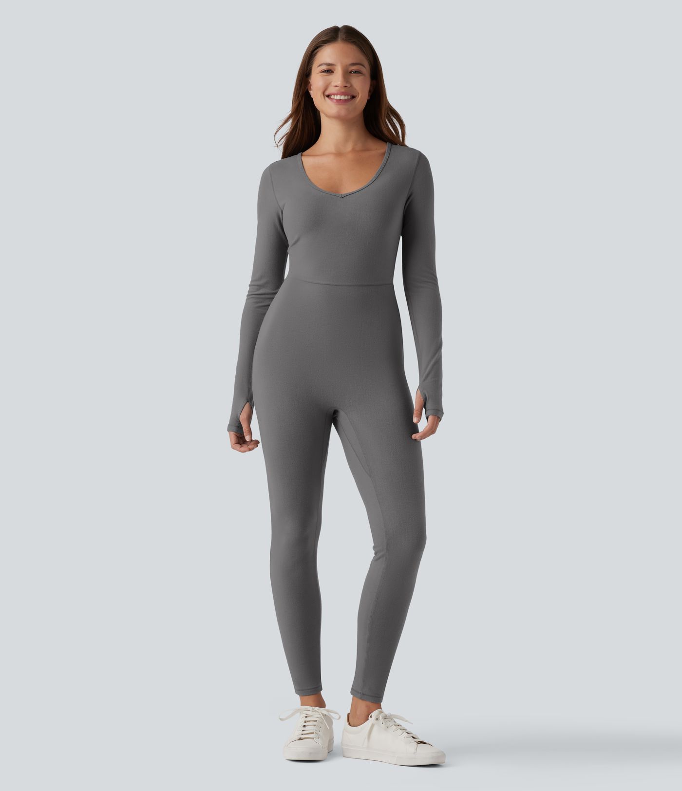 Halara HeatCore V-neck Long Sleeve Thumb Holes Skinny Casual Warming Jumpsuit-Easy Peezy