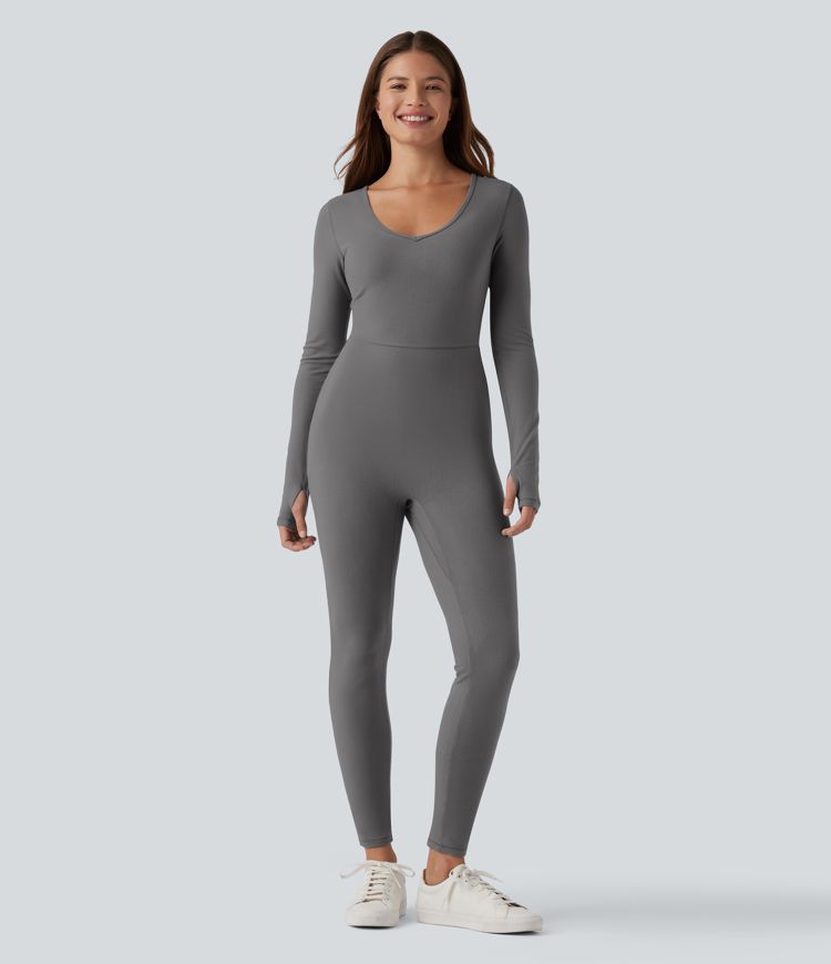 Halara HeatCore V-neck Long Sleeve Thumb Holes Skinny Casual Warming Jumpsuit-Easy Peezy
