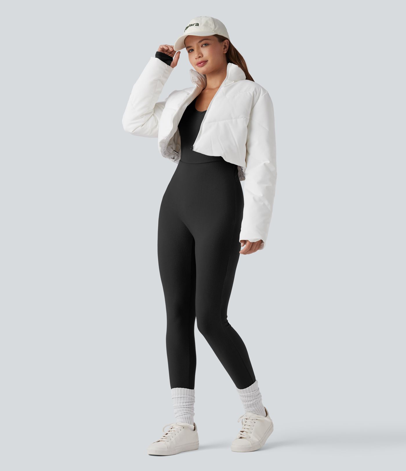 V-neck Long Sleeve Thumb Holes Skinny Casual Warming Jumpsuit-Easy Peezy