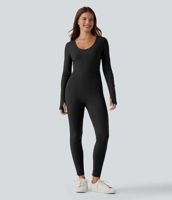 Halara HeatCore V-neck Long Sleeve Thumb Holes Skinny Casual Warming Jumpsuit-Easy Peezy