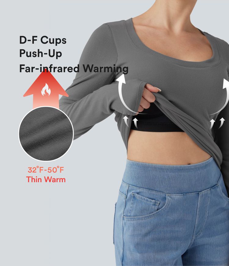 Scoop Neck Push-Up Long Sleeve Casual Warming Top D-F Cups