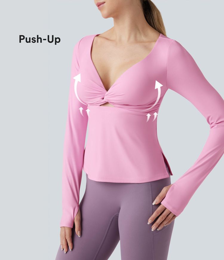 SoftlyZero™ Airy Push-Up Twisted Long Sleeve Thumb Holes Split Hem Yoga Sports Top