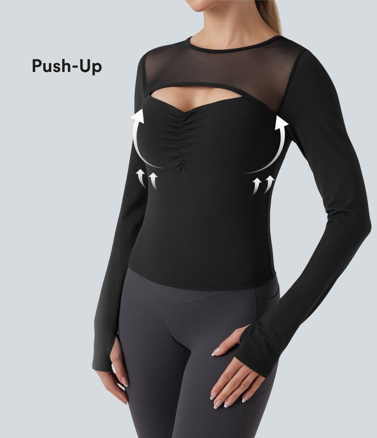 SoftlyZero™ Plush Push-Up Contrast Mesh Cut Out Long Sleeve Thumb Hole Yoga Sports Top