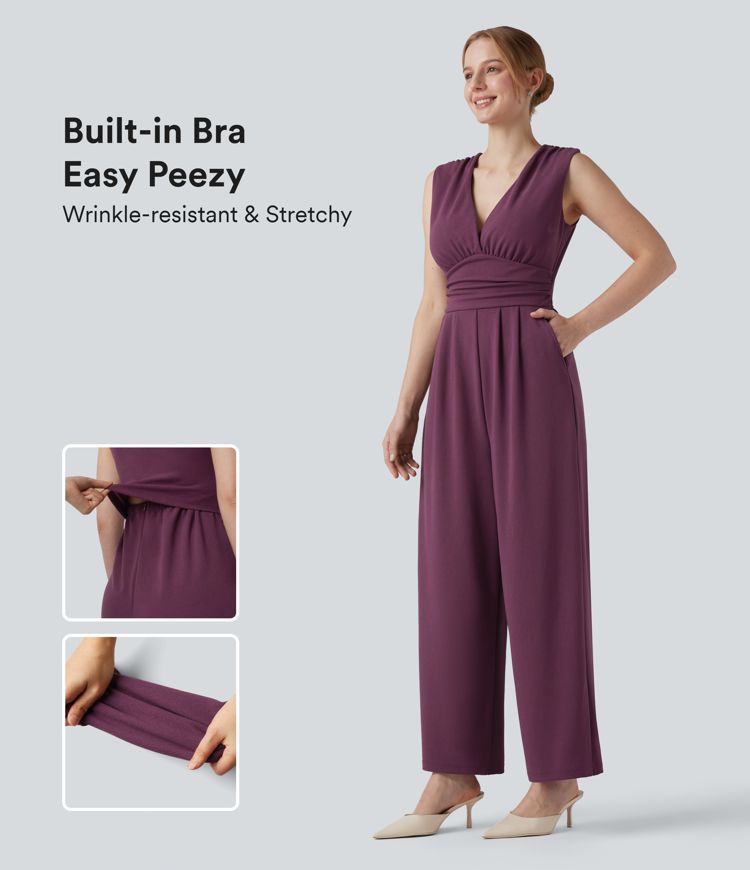 Wrinkle-resistant V-neck Sleeveless Wide Leg Work Jumpsuit with Pockets-Easy Peezy