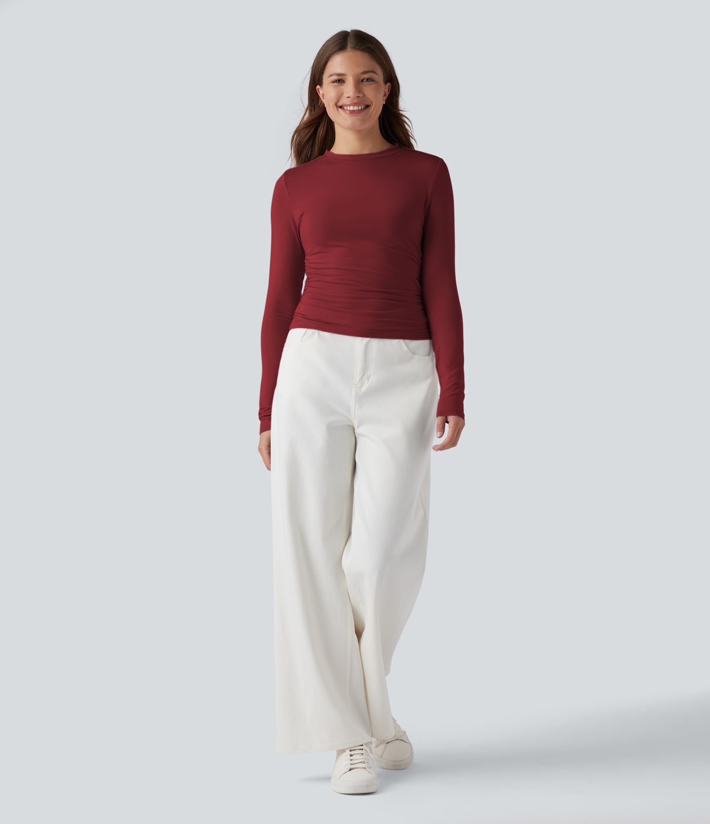 Round Neck Long Sleeve Ruched Casual Top