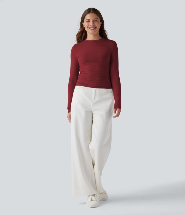 Round Neck Long Sleeve Ruched Casual Top