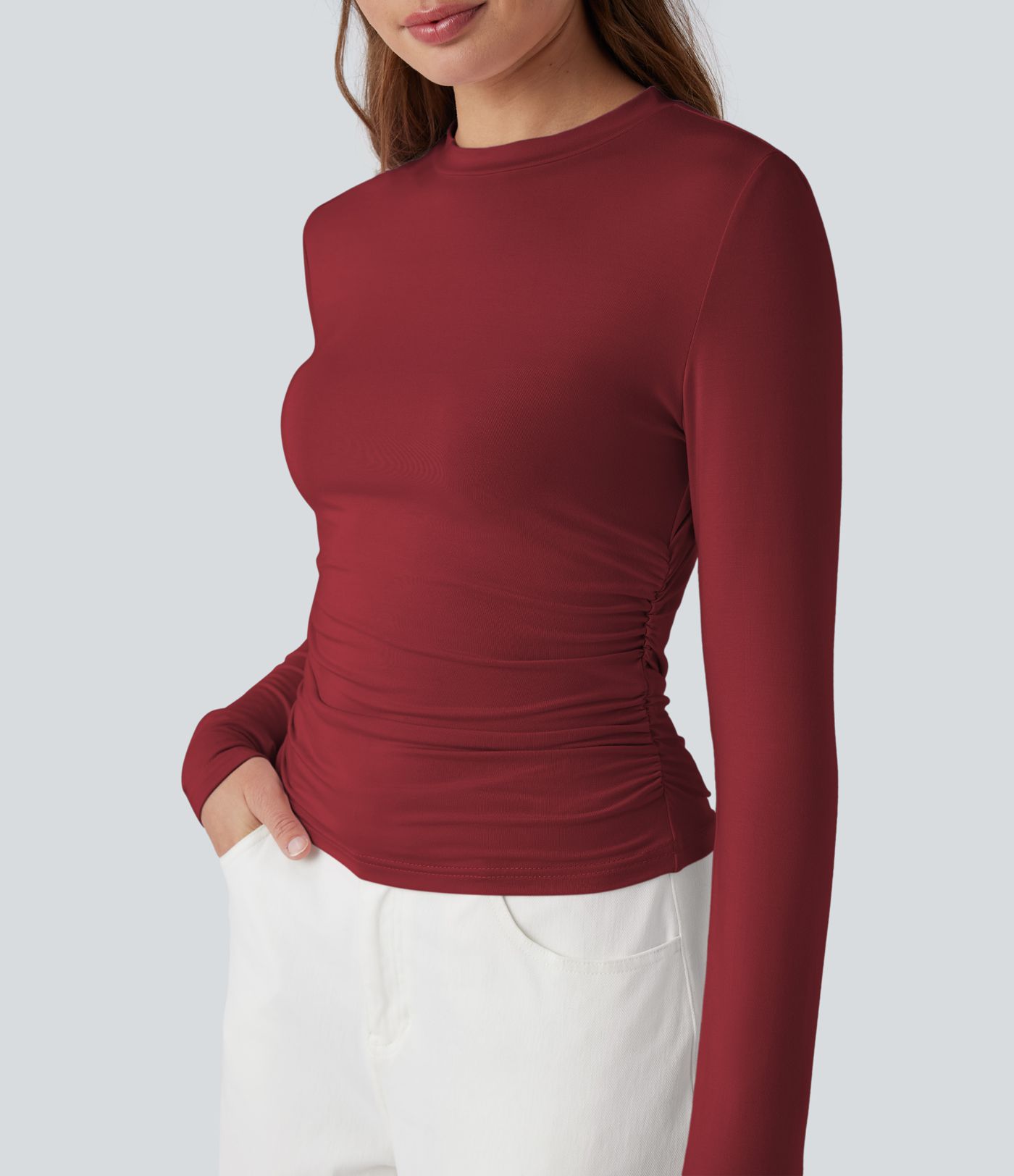 Round Neck Long Sleeve Ruched Casual Top