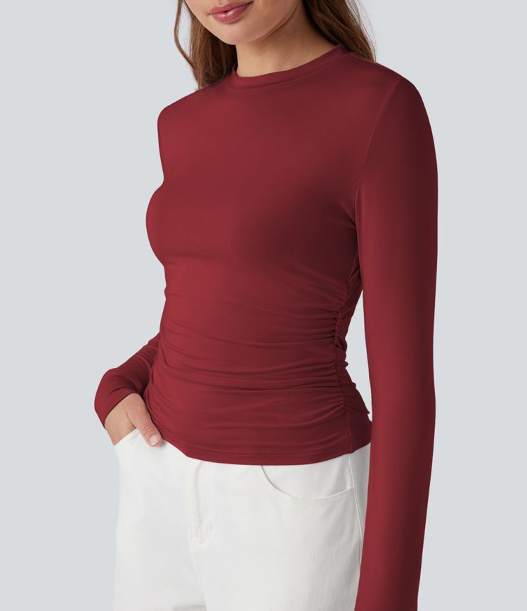 Round Neck Long Sleeve Ruched Casual Top