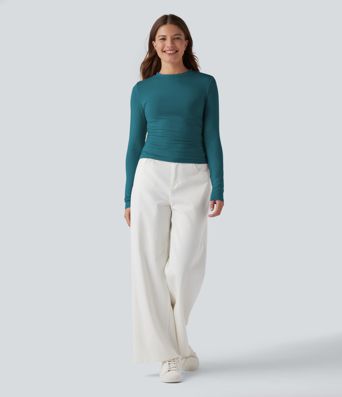 Casual-Top mit Rundhalsausschnitt, langen Ärmeln und Raffung