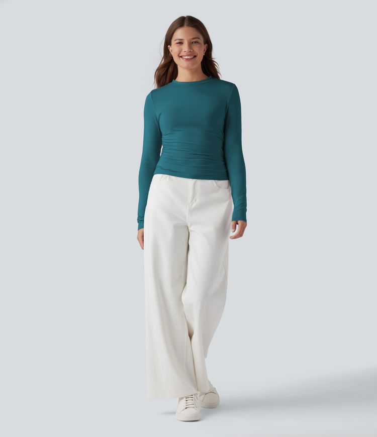 Casual-Top mit Rundhalsausschnitt, langen Ärmeln und Raffung