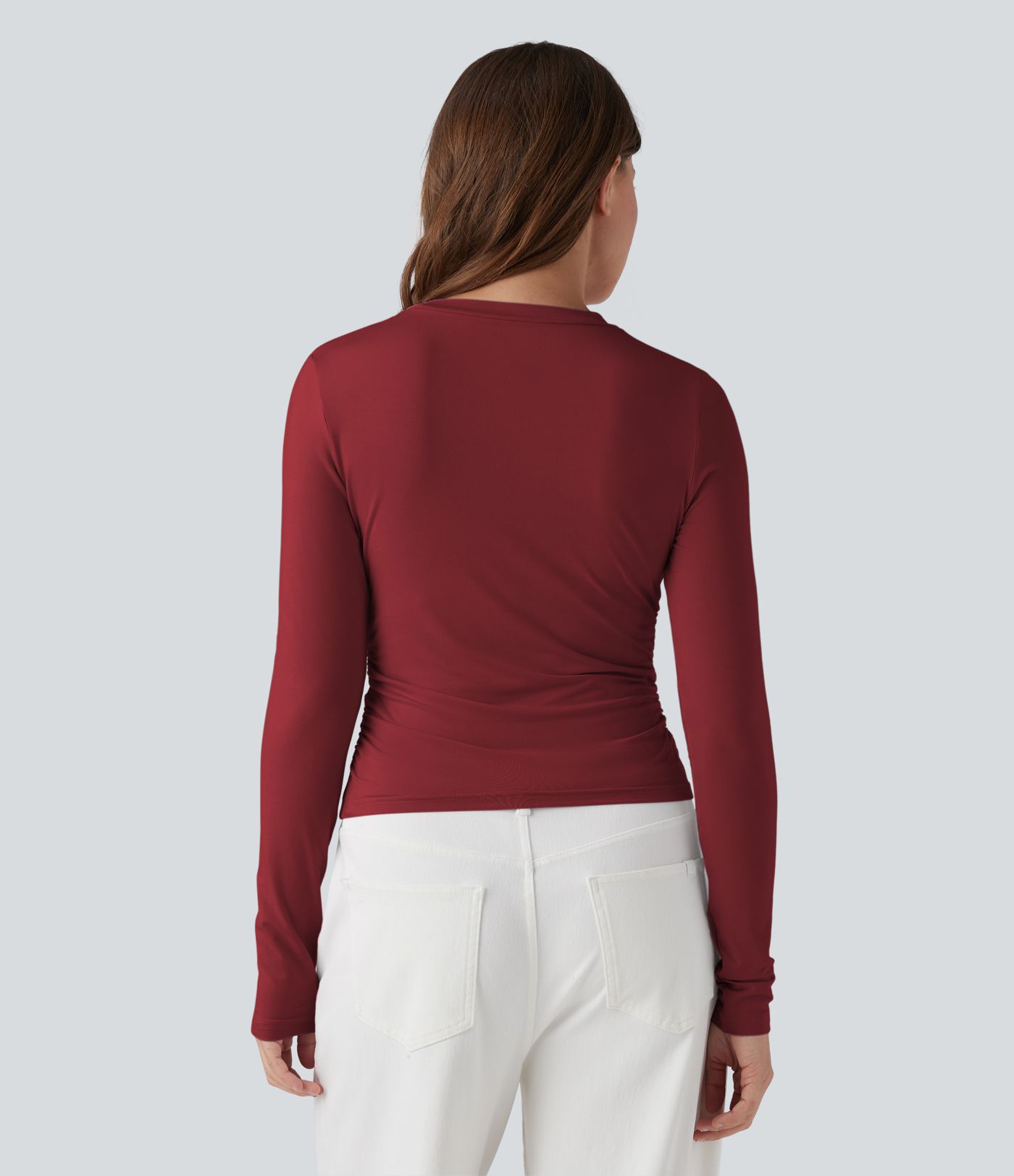 Round Neck Long Sleeve Ruched Casual Top