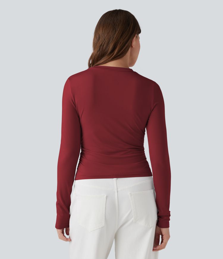 Round Neck Long Sleeve Ruched Casual Top