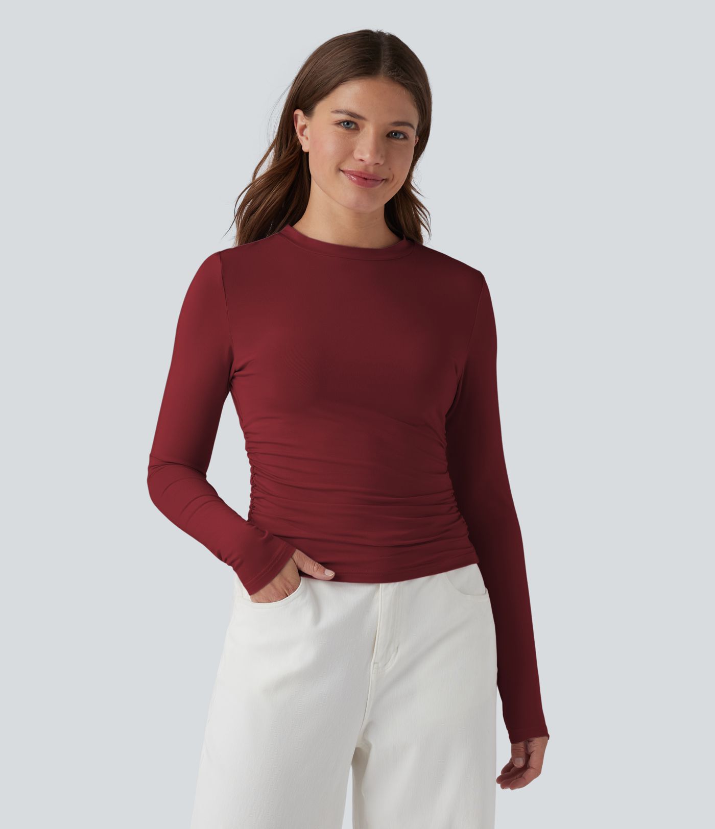Round Neck Long Sleeve Ruched Casual Top