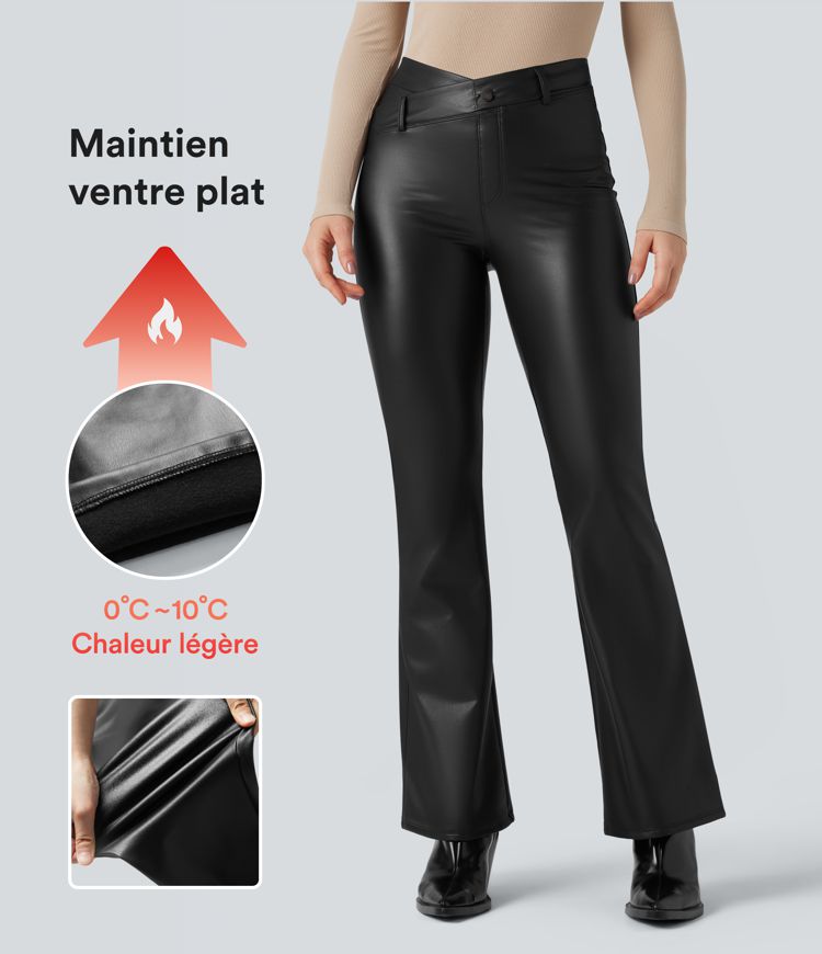 Pantalon évasé asymétrique polaire PU gainant extensible taille haute avec poches