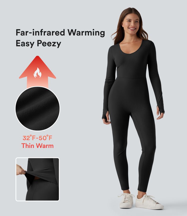 V-neck Long Sleeve Thumb Holes Skinny Casual Warming Jumpsuit-Easy Peezy