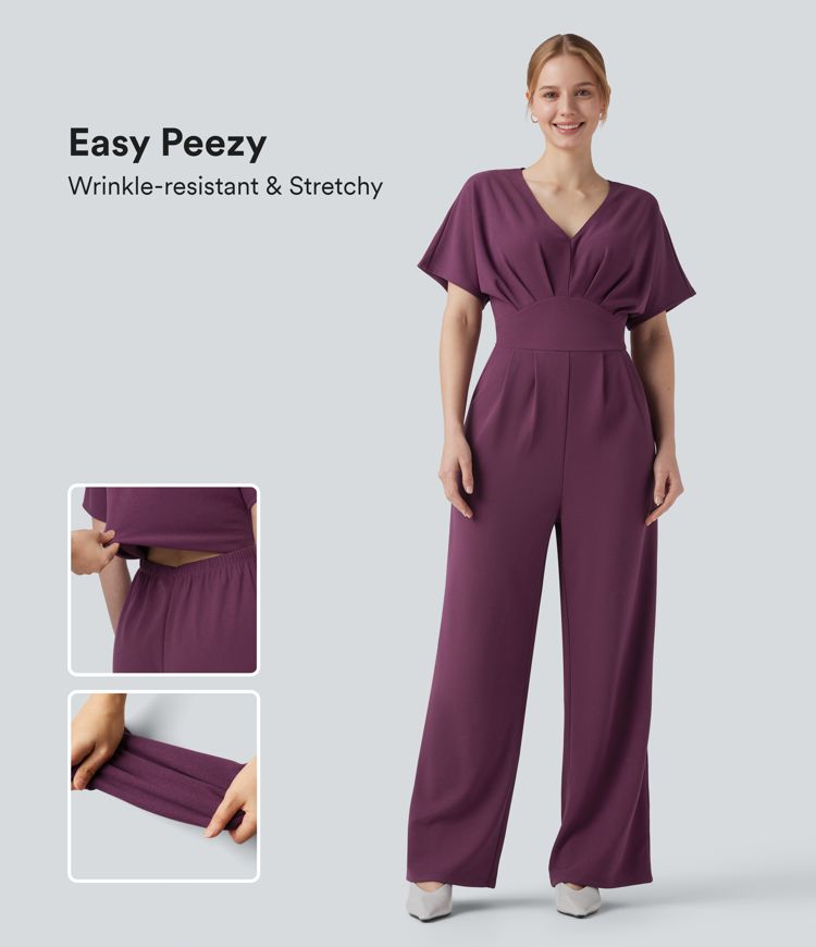 Wrinkle-resistant V-neck Batwing Sleeve Wide Leg Work Jumpsuit with Pockets-Easy Peezy
