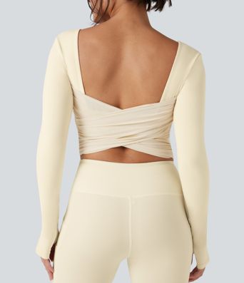 SoftlyZero™ Plush Square Neck Long Sleeve Thumb Hole Contrast Mesh Cropped Yoga Sports Top