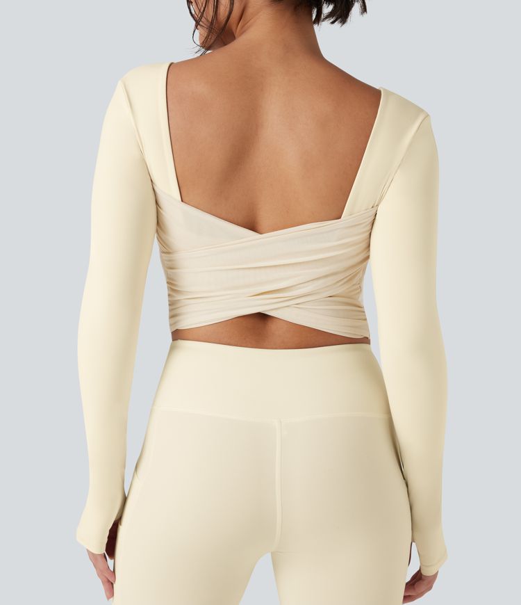 SoftlyZero™ Plush Square Neck Long Sleeve Thumb Hole Contrast Mesh Cropped Yoga Sports Top