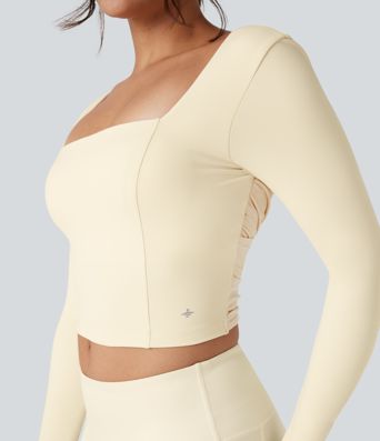 SoftlyZero™ Plush Square Neck Long Sleeve Thumb Hole Contrast Mesh Cropped Yoga Sports Top