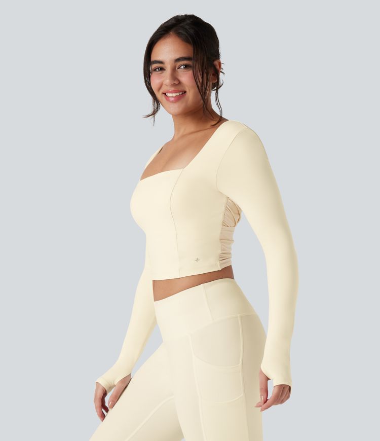 SoftlyZero™ Plush Square Neck Long Sleeve Thumb Hole Contrast Mesh Cropped Yoga Sports Top