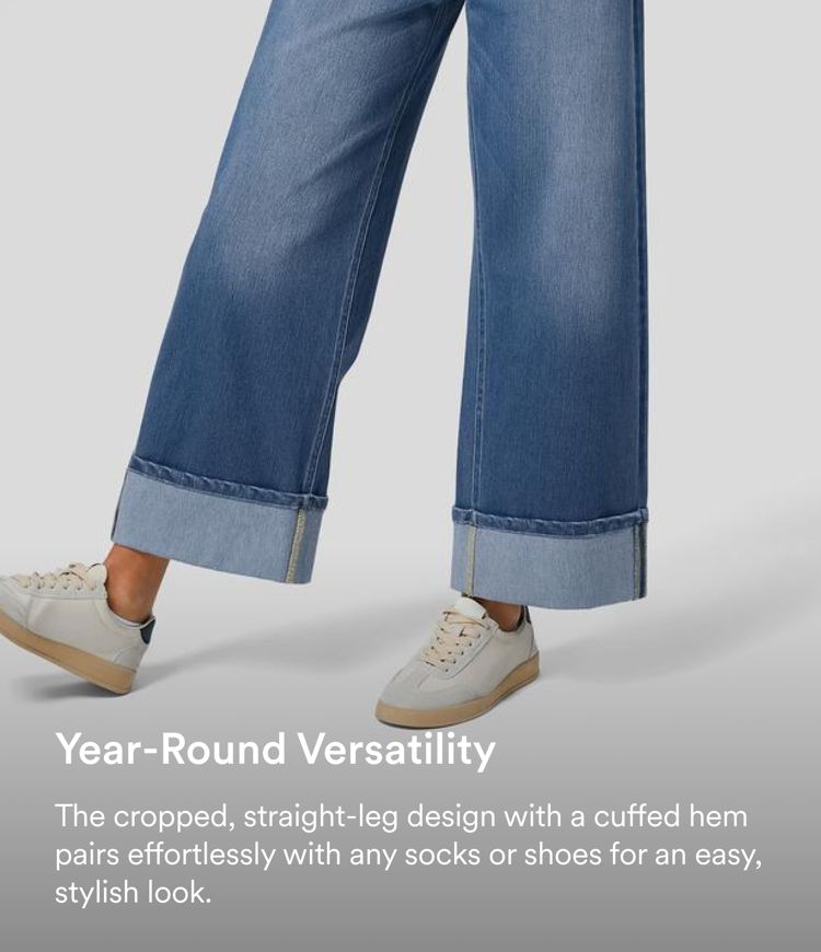 Jean décontracté lavé à jambes larges, taille haute avec poches, ourlet roulé Halara Flex™