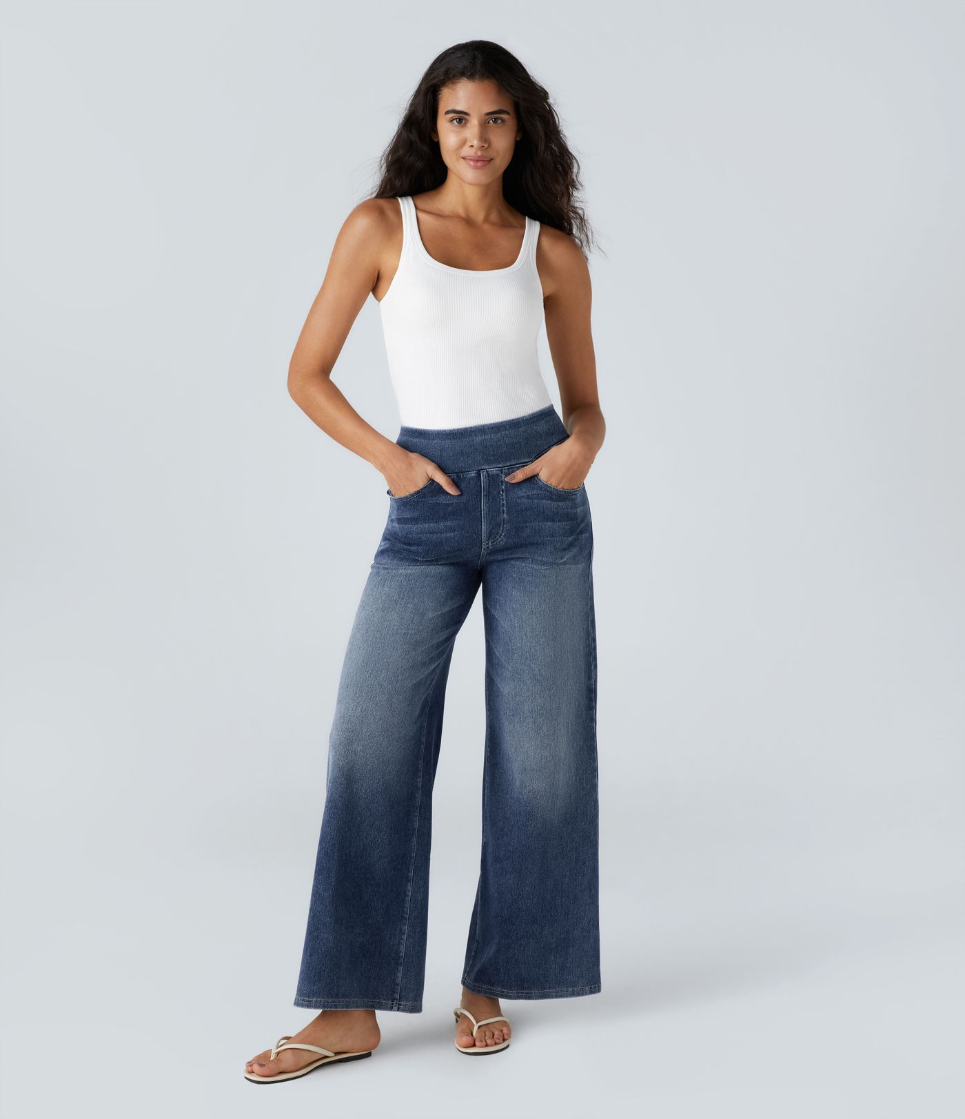 Halara Flex™ High Waisted Pockets Baggy Wide Leg Washed Casual Jeans