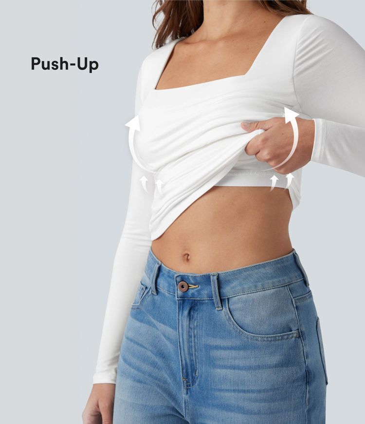 Push-Up Molded Cups Square Neck Long Sleeve Ruched 2-in-1 Casual T-Shirt