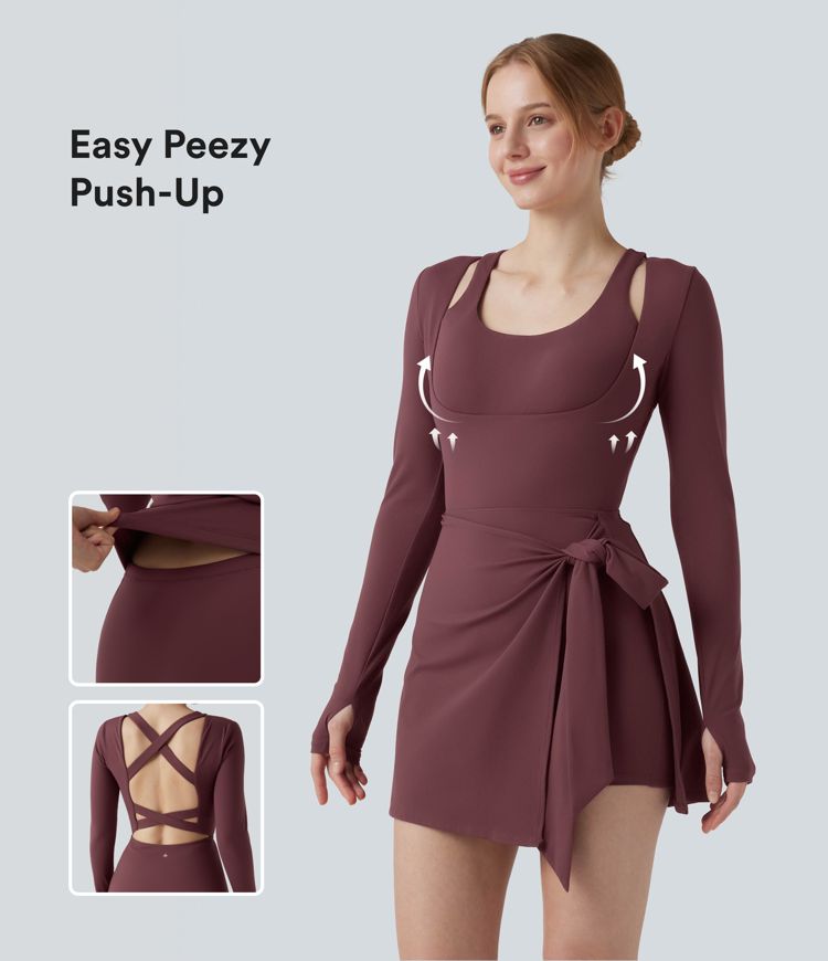 SoftlyZero™ Plush Push-Up Molded Cups Crisscross Backless Long Sleeve Thumb Holes Tie-side Pickleball Active Dress with Pockets-Easy Peezy