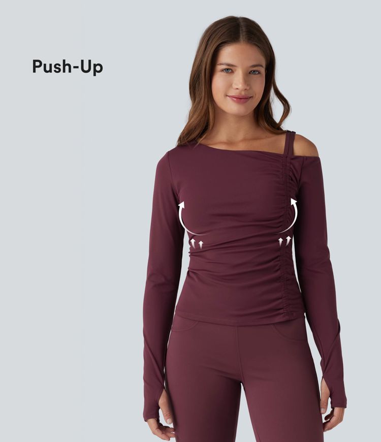 SoftlyZero™ QuickDry One Shoulder Push-Up Long Sleeve Thumb Hole Ruched Yoga Sports Top