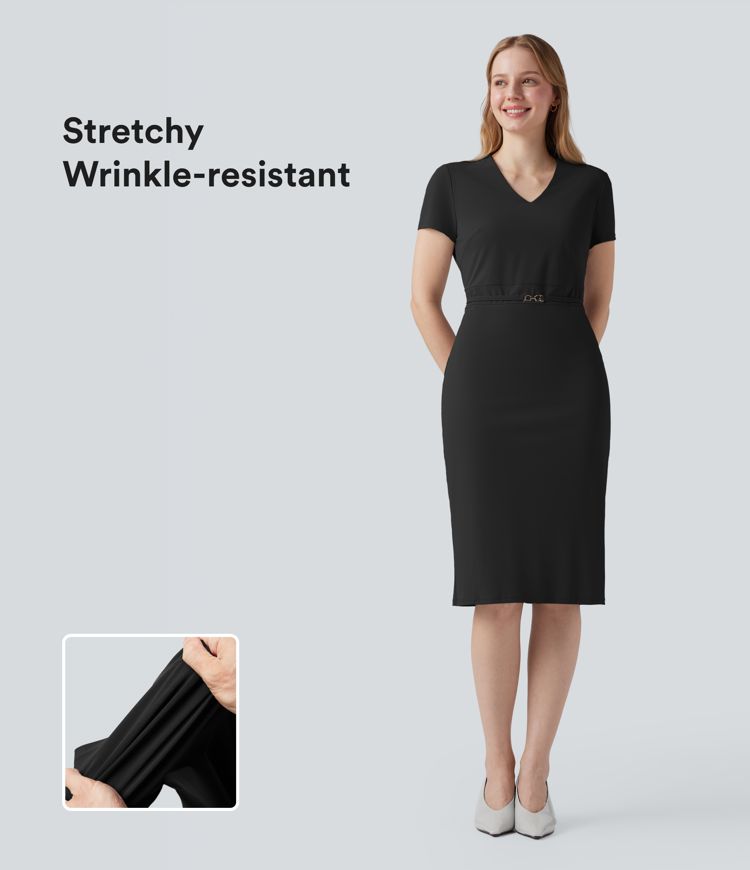 Wrinkle-resistant V Neck Short Sleeve Midi Work Dress