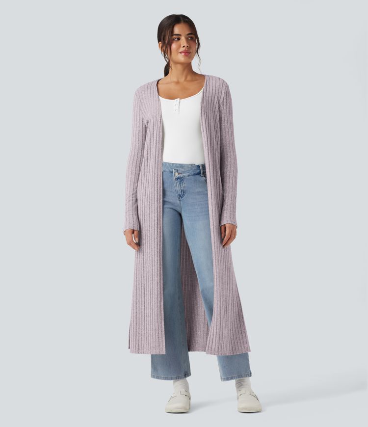 Ribbed Knit Long Sleeve Split Casual Longline Coat