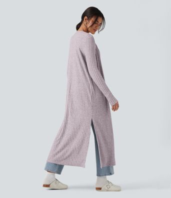 Ribbed Knit Long Sleeve Split Casual Longline Coat