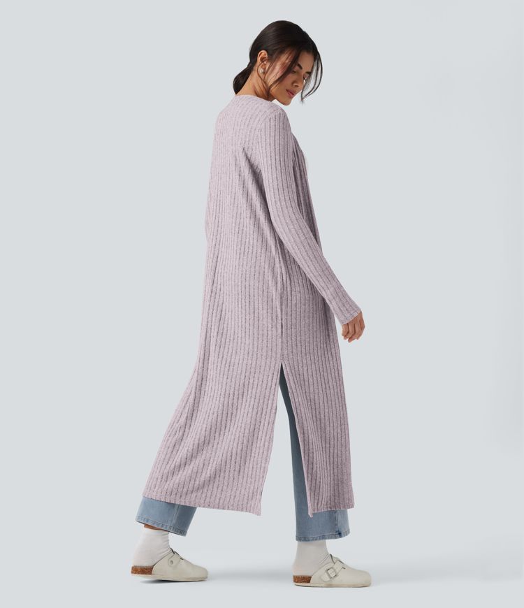Ribbed Knit Long Sleeve Split Casual Longline Coat