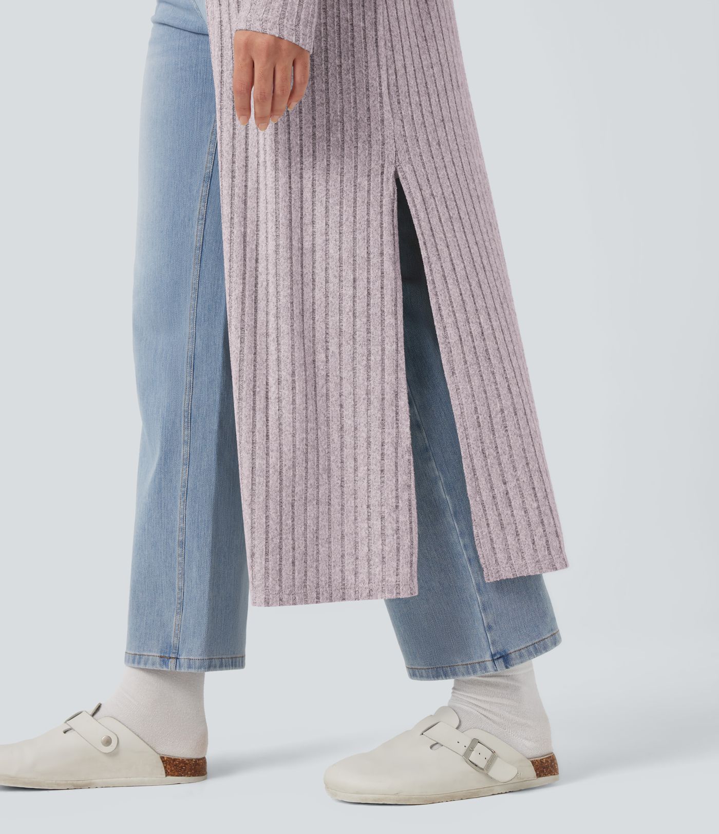 Ribbed Knit Long Sleeve Split Casual Longline Coat