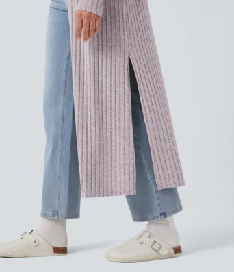 Ribbed Knit Long Sleeve Split Casual Longline Coat