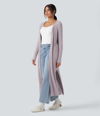 Ribbed Knit Long Sleeve Split Casual Longline Coat