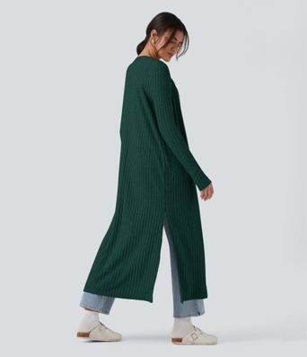 Manteau long décontracté maille côtelée manches longues avec fente Manteau long décontracté maille côtelée manches longues avec fente