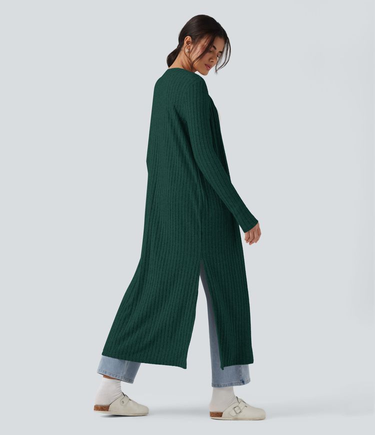 Manteau long décontracté maille côtelée manches longues avec fente Manteau long décontracté maille côtelée manches longues avec fente
