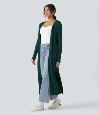 Manteau long décontracté maille côtelée manches longues avec fente Manteau long décontracté maille côtelée manches longues avec fente