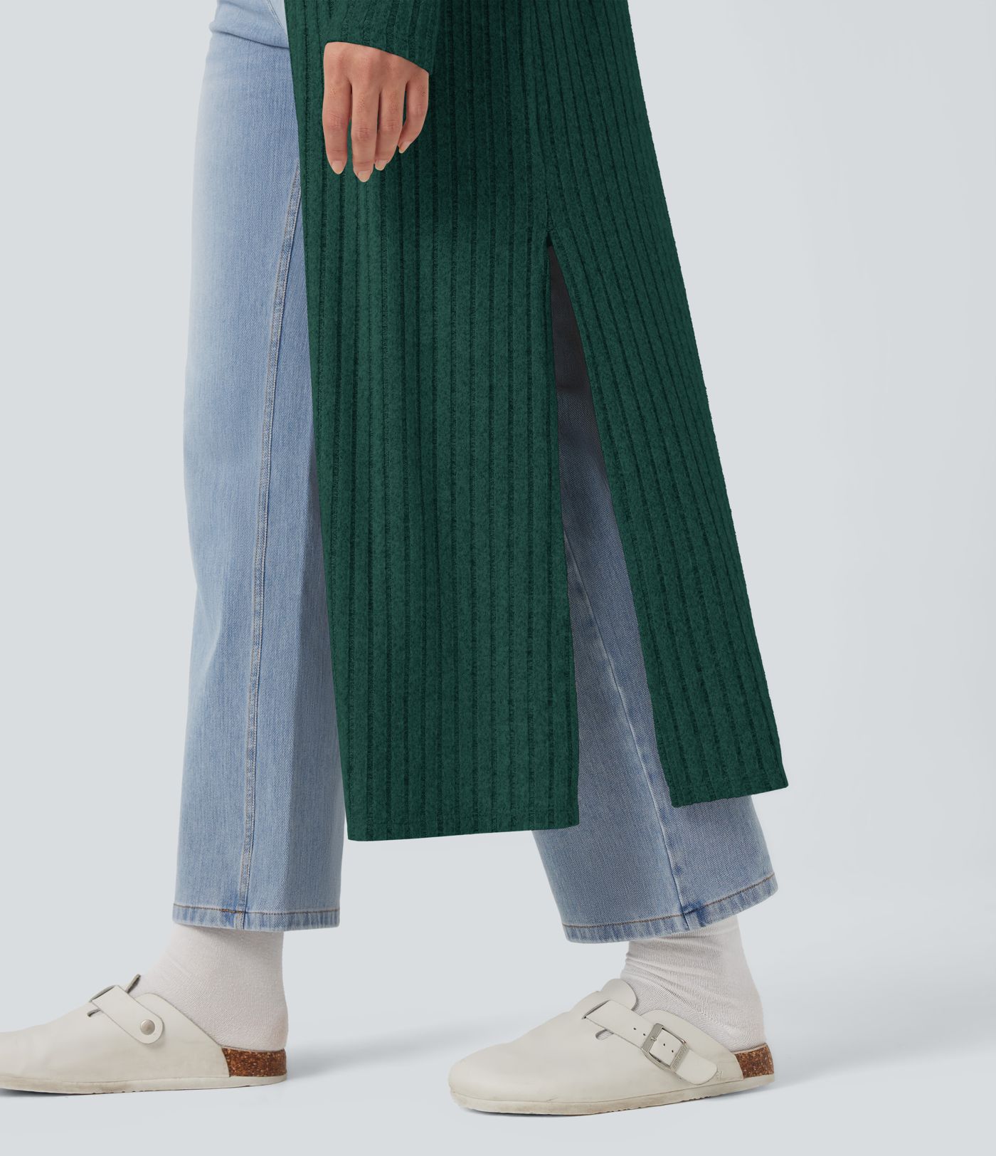 Manteau long décontracté maille côtelée manches longues avec fente Manteau long décontracté maille côtelée manches longues avec fente