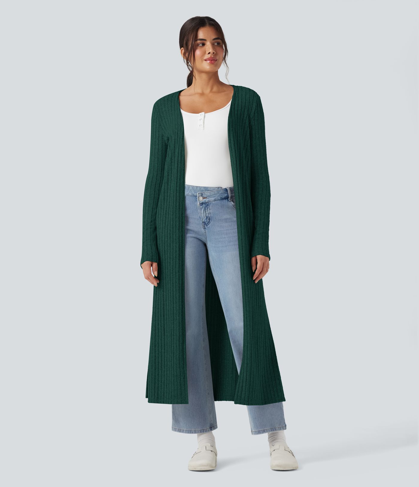 Manteau long décontracté maille côtelée manches longues avec fente Manteau long décontracté maille côtelée manches longues avec fente