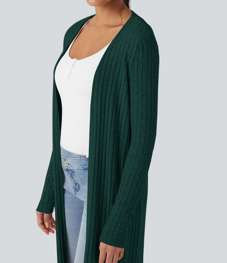 Manteau long décontracté maille côtelée manches longues avec fente Manteau long décontracté maille côtelée manches longues avec fente