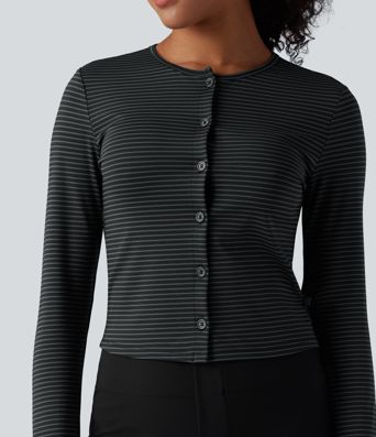 Top de travail rayé à col rond, manches longues et fermeture boutonnée