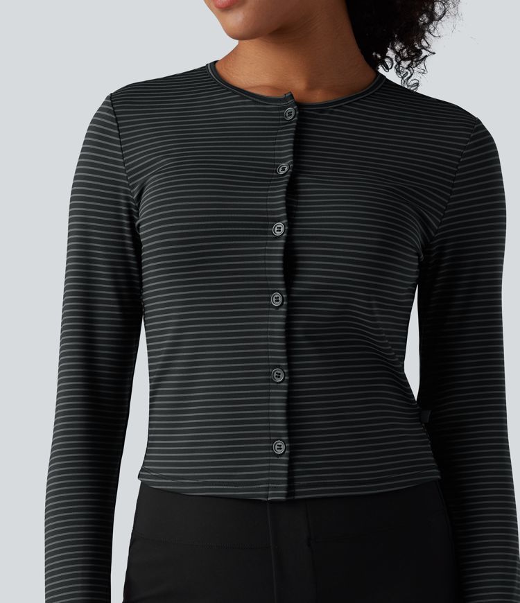 Top de travail rayé à col rond, manches longues et fermeture boutonnée