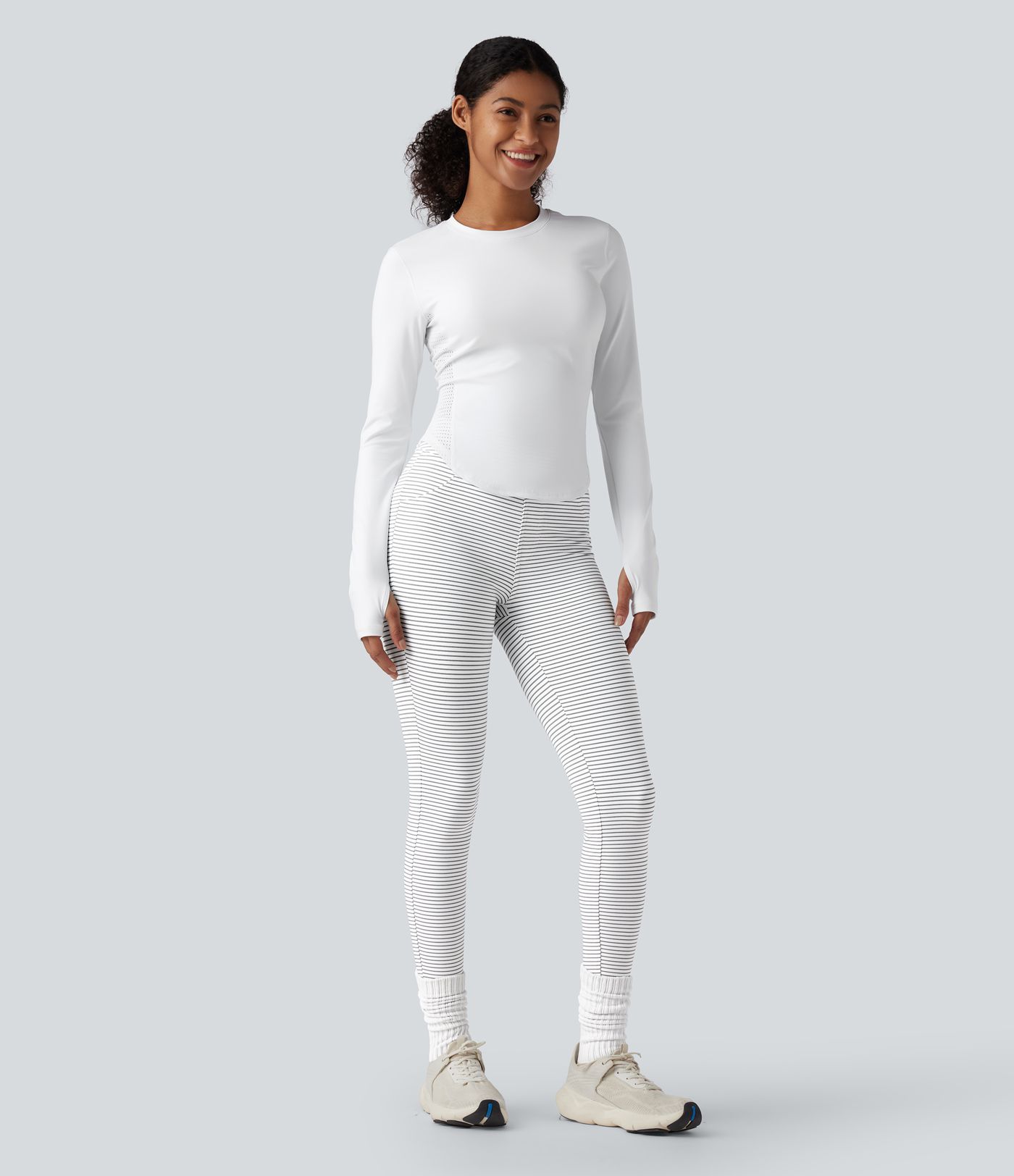 Round Neck Long Sleeve Thumb Hole Cut Out Curved Hem Worktout Sports Top