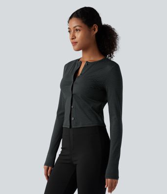 Top de travail rayé à col rond, manches longues et fermeture boutonnée